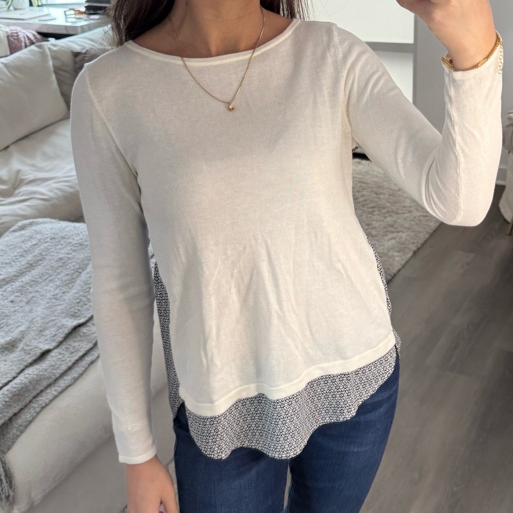 Ann Taylor LOFT White Black Long Sleeve Floral Pattern Crew Neck Sweater XXSP